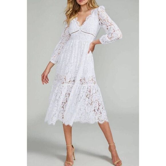 Generation Love Dresses & Skirts - Generation Love White Lace Midi Dress V-Neck Long Sleeve Bridal XS New